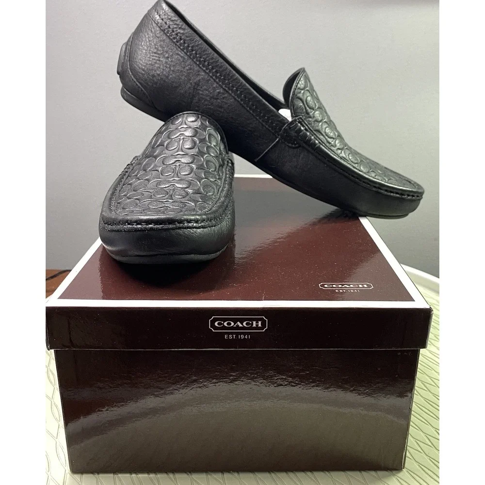Coach Black‎ Leather Jake 6CM Men's Driving Loafer Shoes Signature C 7.5 M EUC